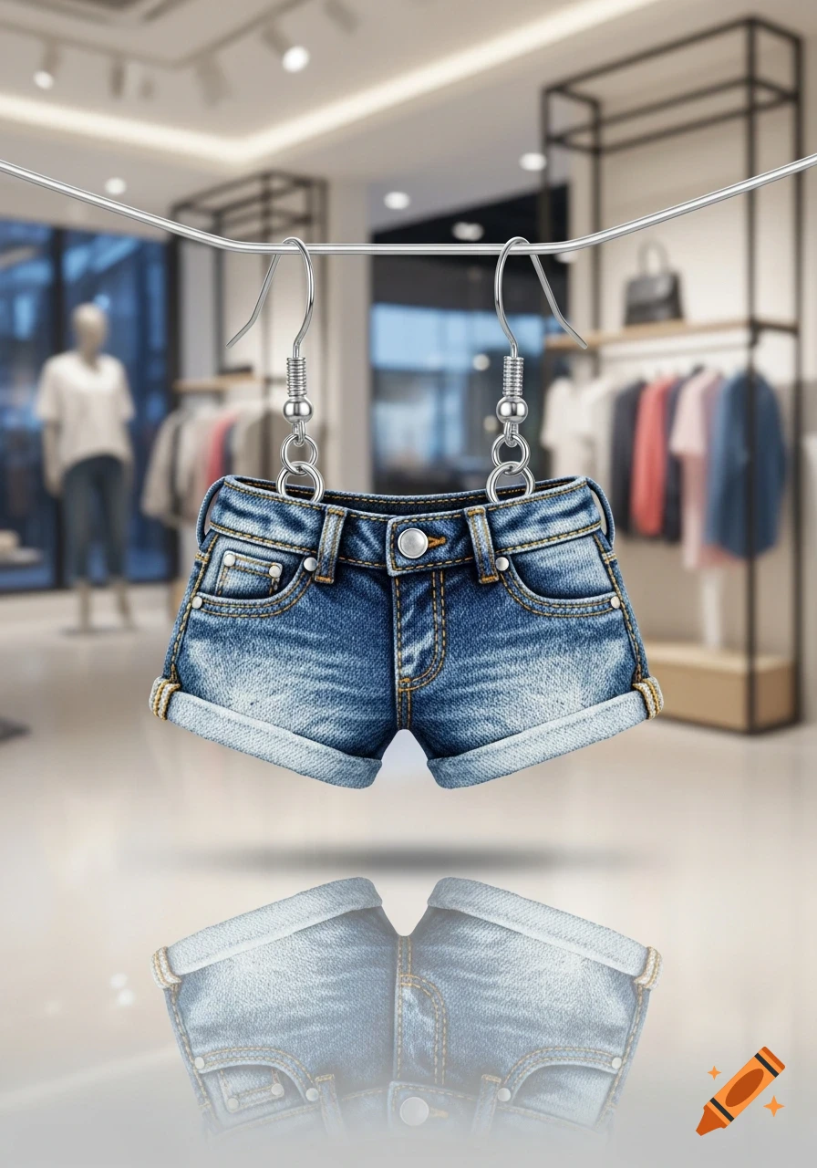 Miniature denim shorts earrings hanging from a wire in a blurred clothing store with a floor reflection.