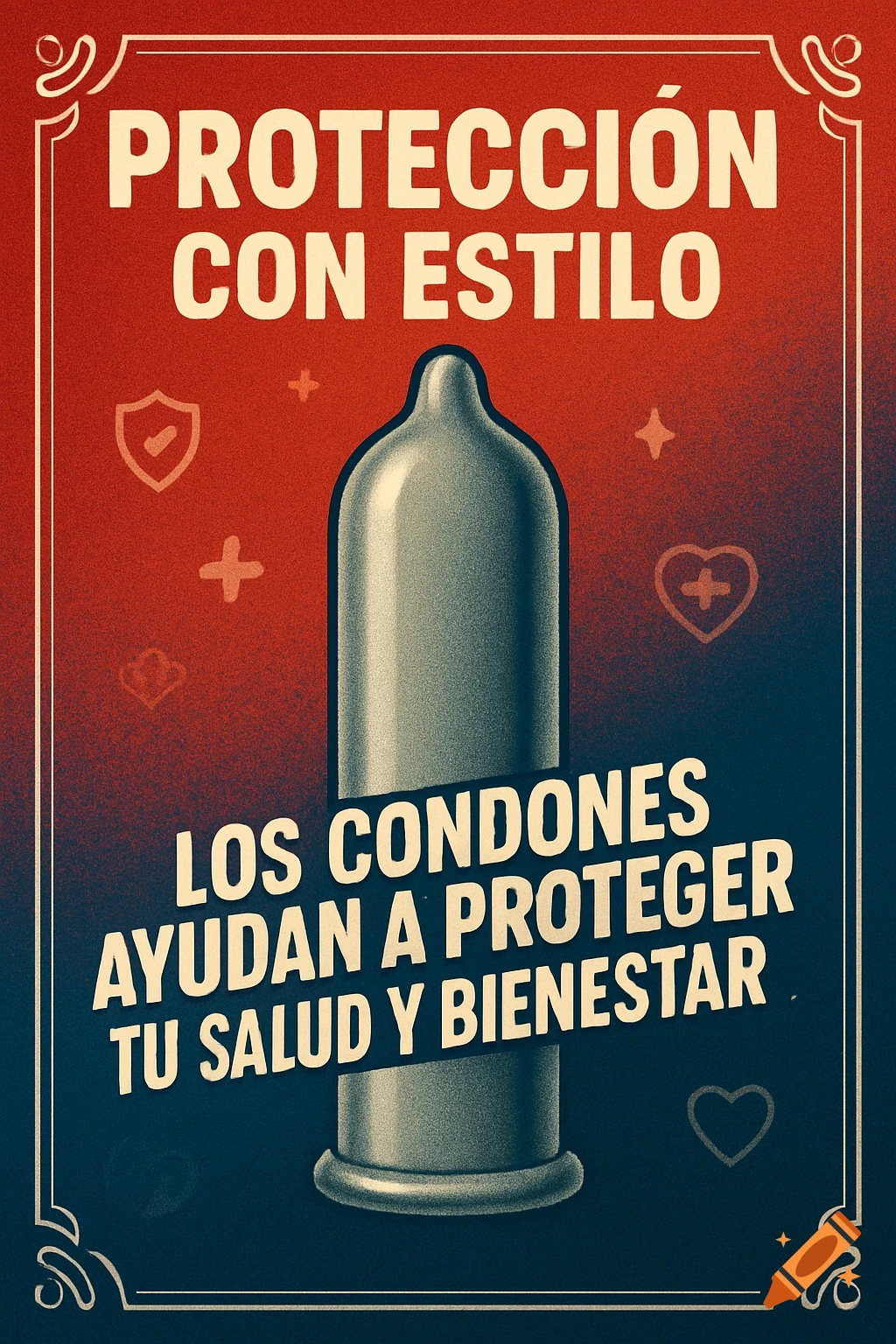 A vintage-style poster depicting a condom with text in Spanish, promoting protection and health.