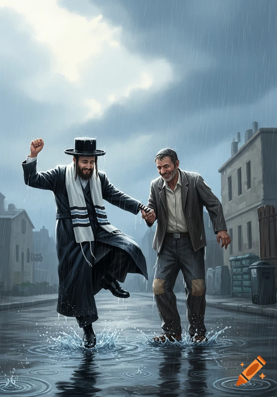 An Orthodox Jewish man and a poorer man joyfully dance, splashing in puddles on a rainy street with buildings in the background.