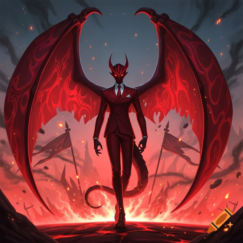 A stylized demon character in a dark red suit and horned mask, with large red dragon wings, stands on fiery ground beneath a smoky sky.