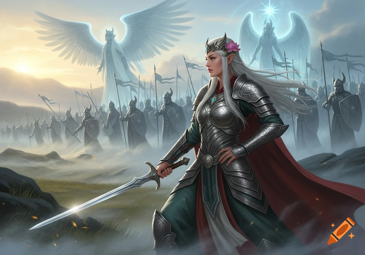 An armored elven warrior with a sword leads an army in a misty fantasy landscape with glowing angels.