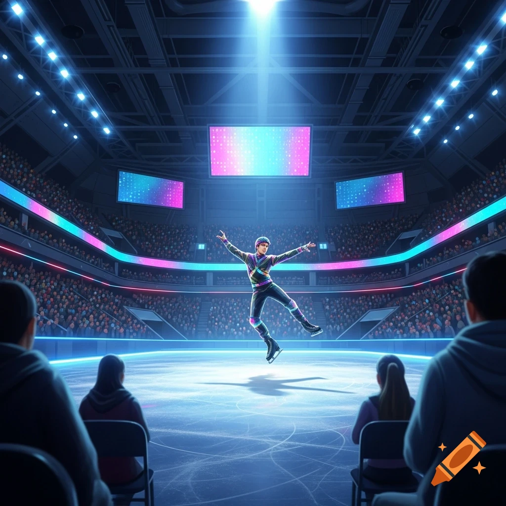 Figure skater leaps on a spotlighted ice rink in a vibrant arena with a large audience and glowing screens.