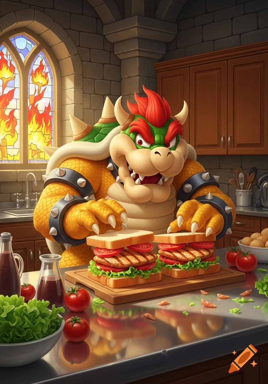 Bowser, the iconic gaming character, intently prepares two chicken sandwiches in a detailed fantasy kitchen setting.