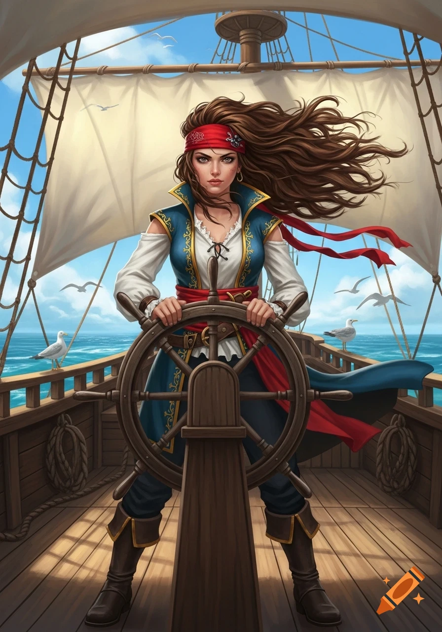 A strong female pirate with flowing brown hair and a red bandana steers a ship at sea, in an illustrative art style.