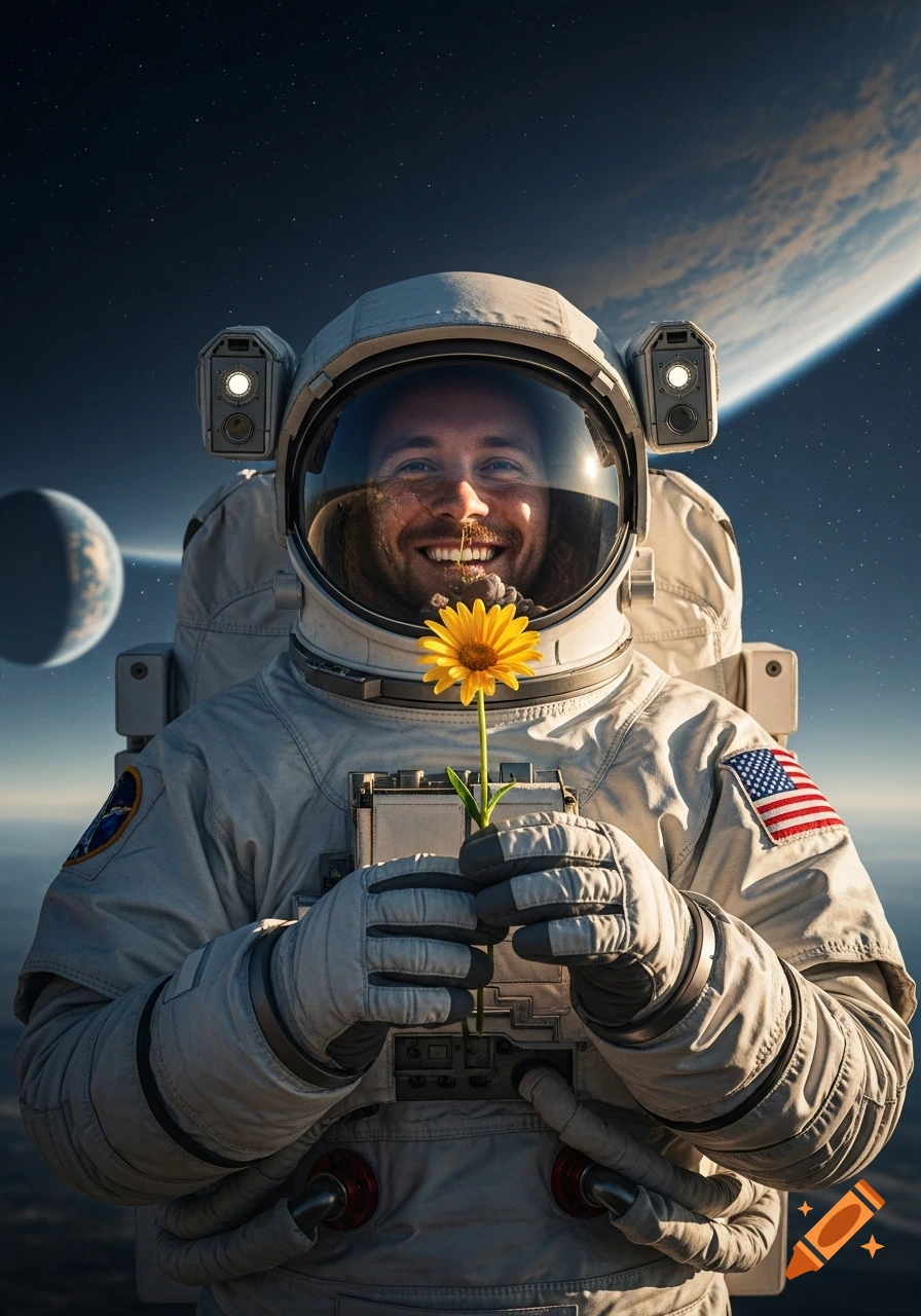 A happy photorealistic astronaut in a spacesuit holds a yellow daisy in space with planets in the background.