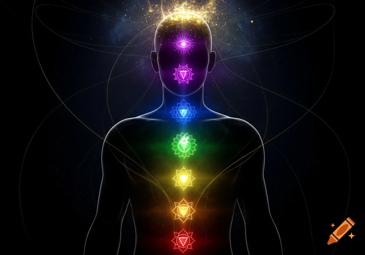 Surreal silhouette of a human form with seven glowing, colorful chakras emanating ethereal light against a dark, starry background.