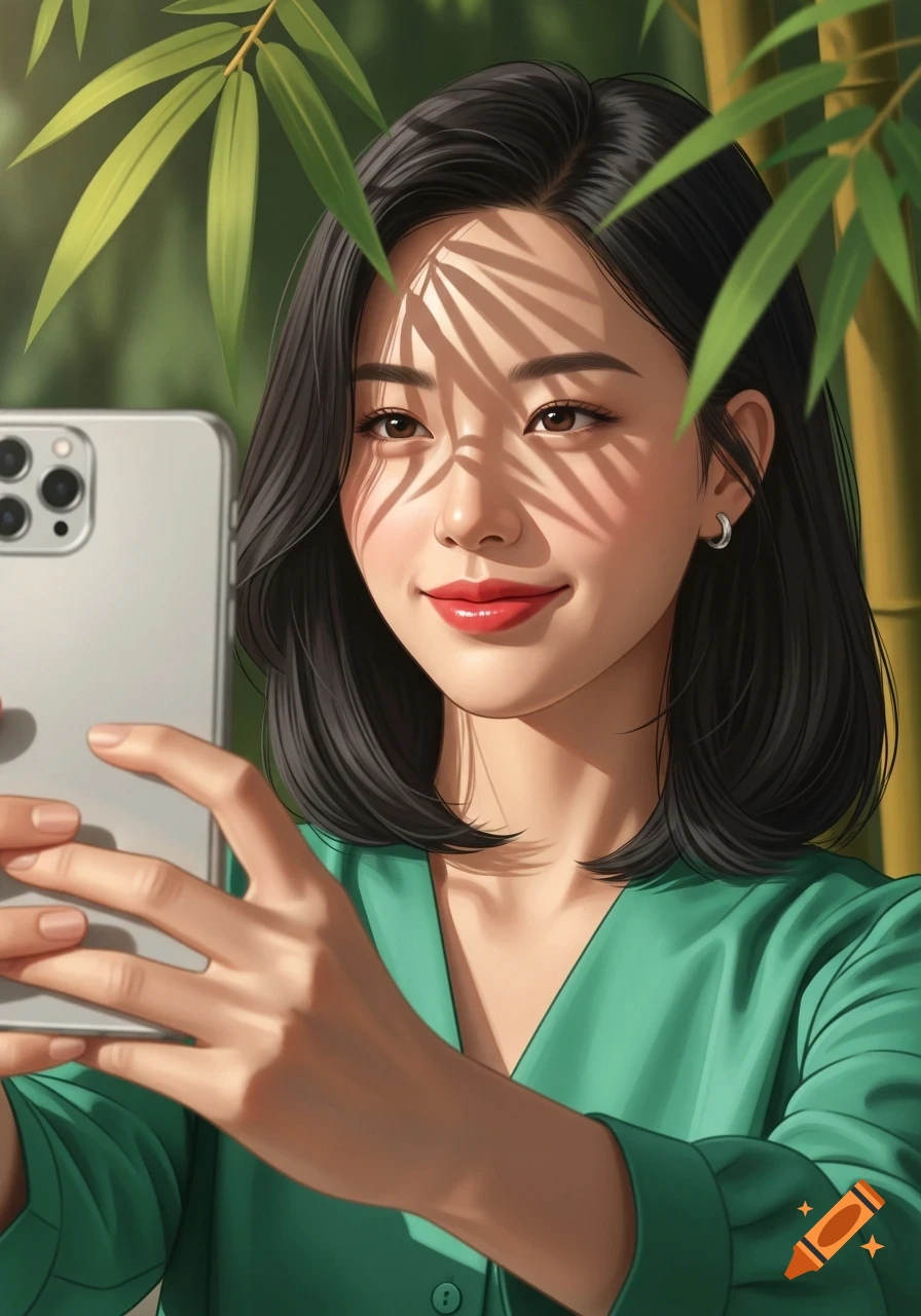 Digital art of an Asian woman taking a selfie with a smartphone, surrounded by bamboo leaves and dappled sunlight.