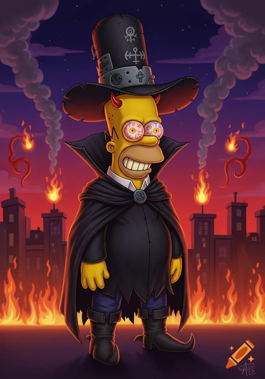 Homer Simpson as a devilish vampire, wearing a black cape and tall hat, with bloodshot eyes and horns, stands in a burning cityscape at dusk.