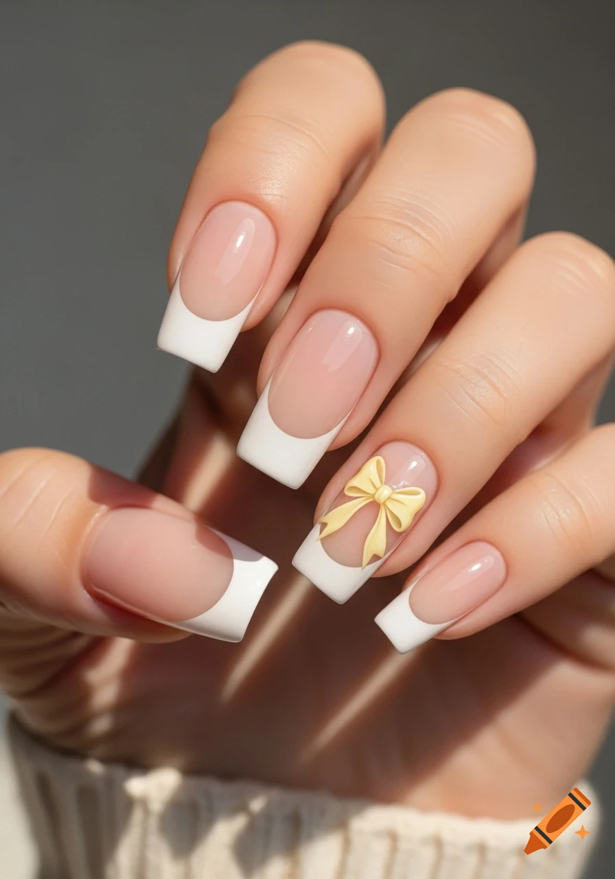 Close-up of a hand with perfectly manicured acrylic nails, featuring white French tips and a delicate pale yellow bow painted on the ring finger.