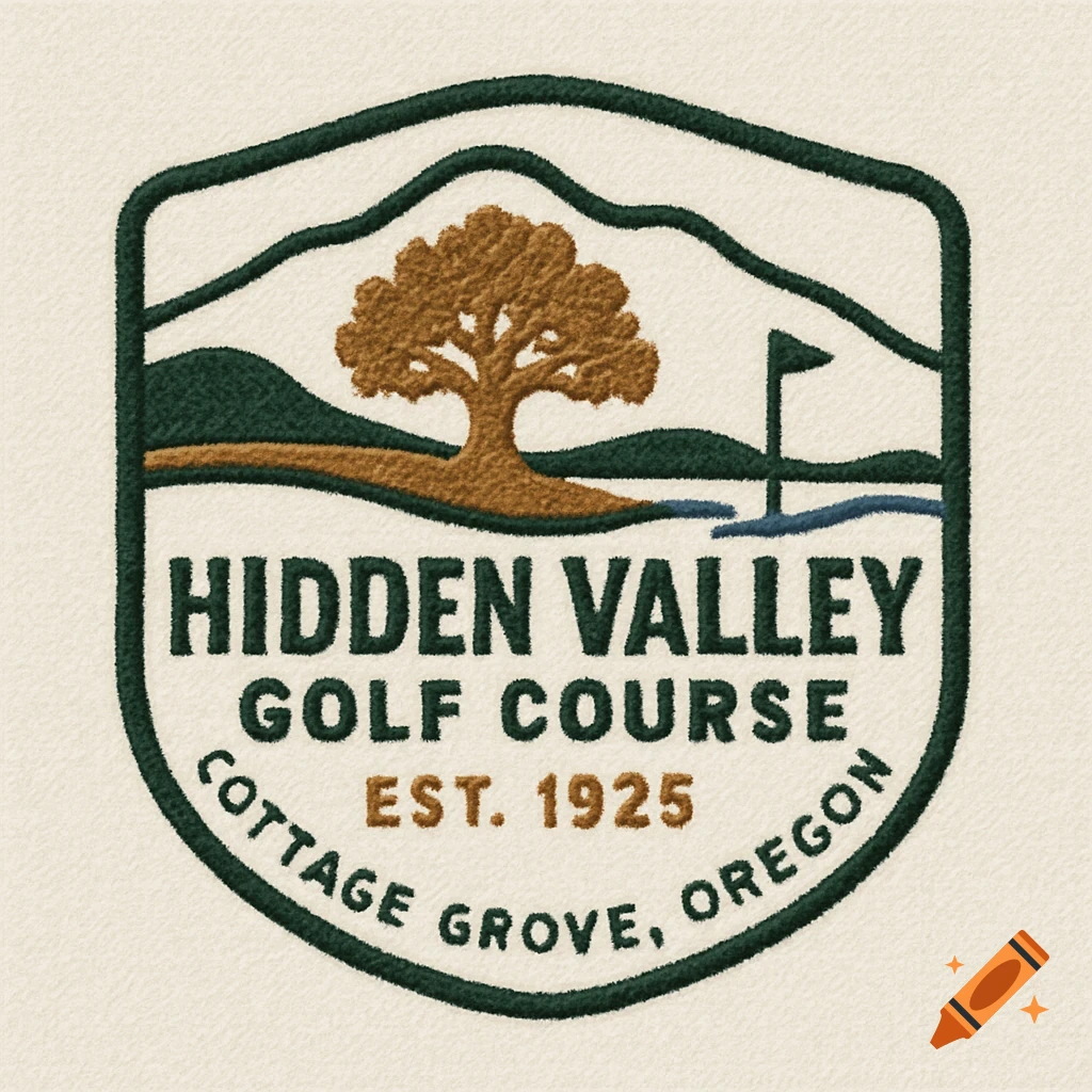 An embroidered badge logo for Hidden Valley Golf Course, featuring a tree, mountains, water, a golf flag, and text.