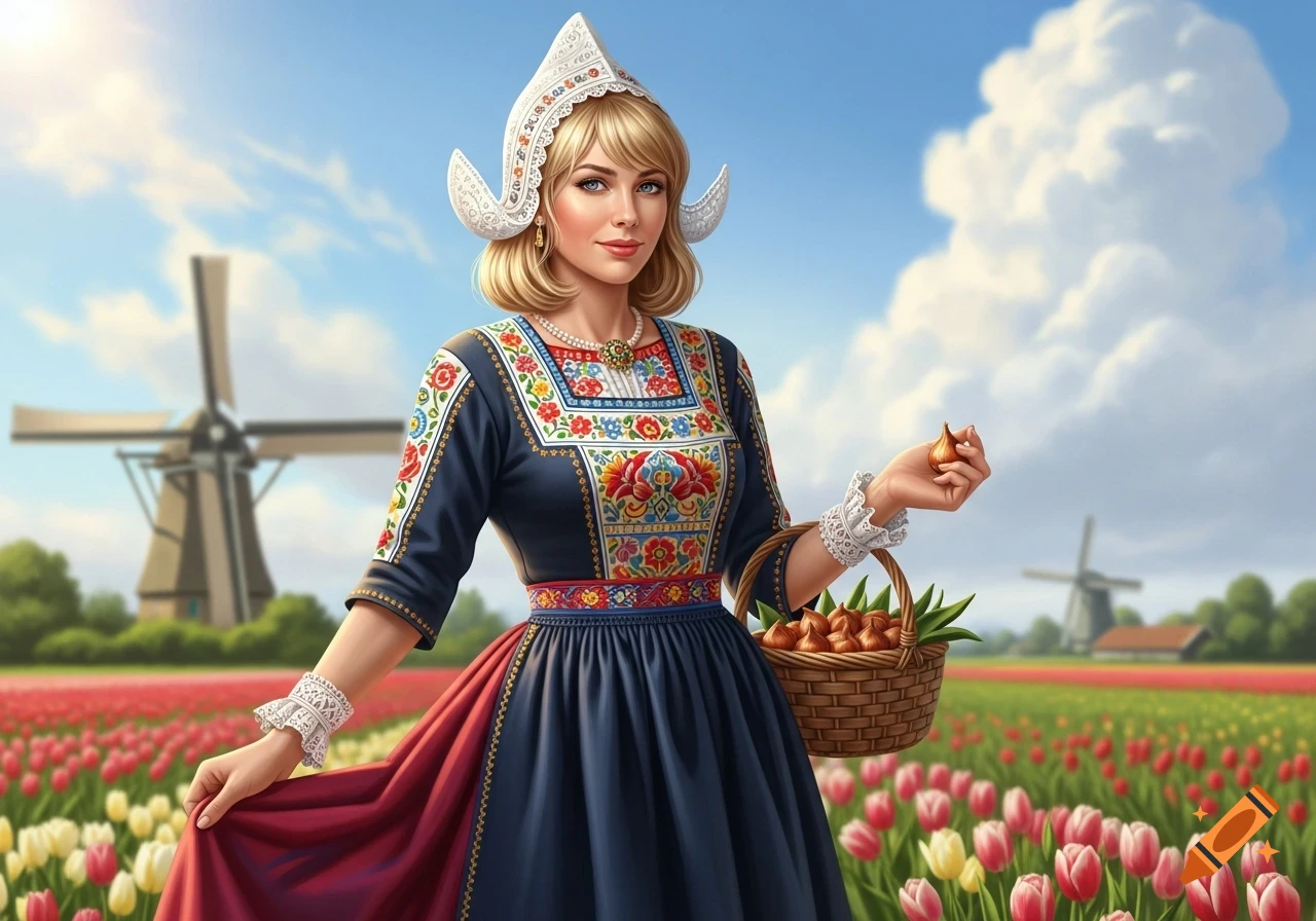 Blonde woman in ornate Dutch national costume holding an onion bulb, standing in a vibrant tulip field with windmills under a blue sky.