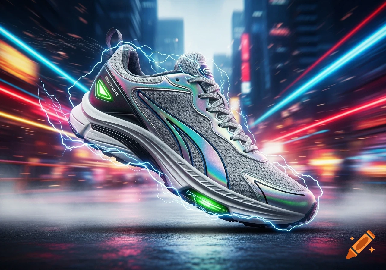 A futuristic grey and iridescent running shoe, encircled by blue lightning, hovers above a dark street with blurred neon city lights in the background.