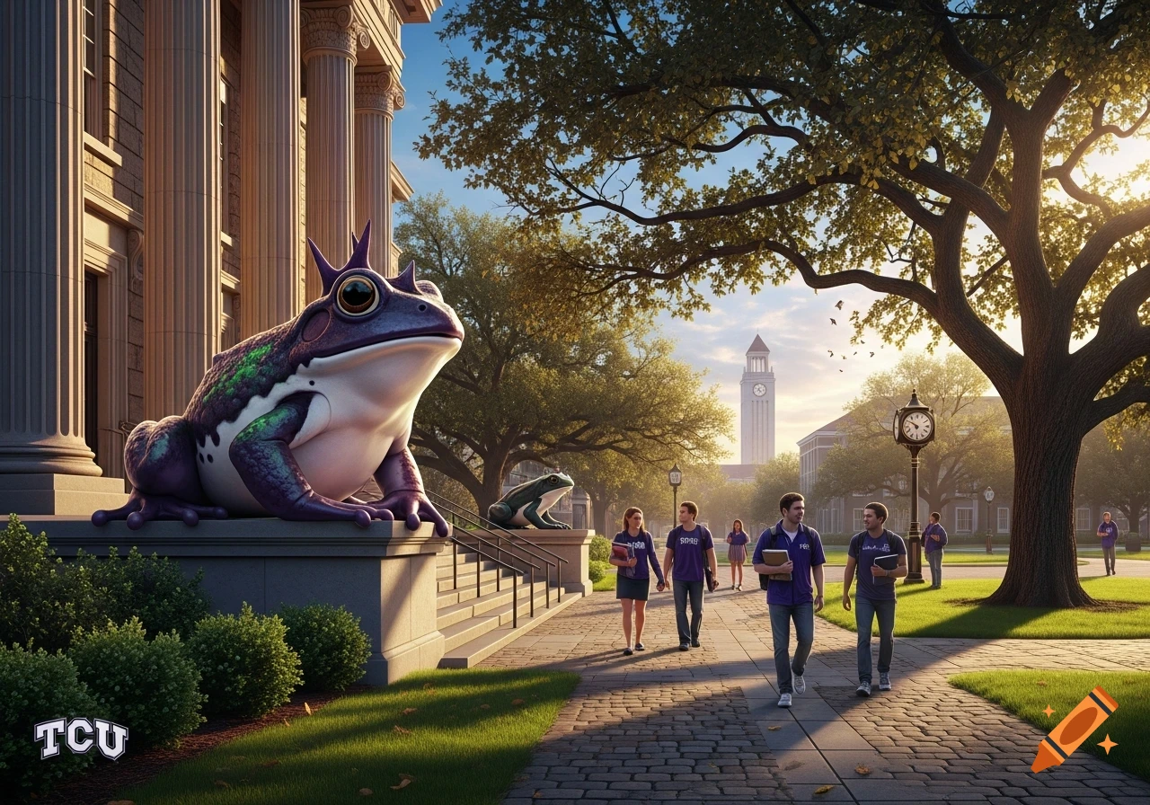 A stylized purple and green frog statue with spikes on its head sits outside a university building with pillars. Students walk along a path under trees, with a clock tower in the distance. The TCU logo is in the foreground.
