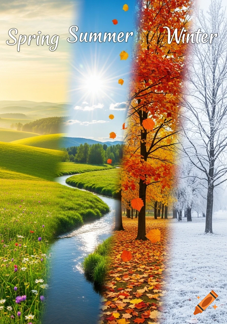 Landscape showing all four seasons side-by-side: spring with green fields, summer with a sunny river, autumn trees, and frosty winter.