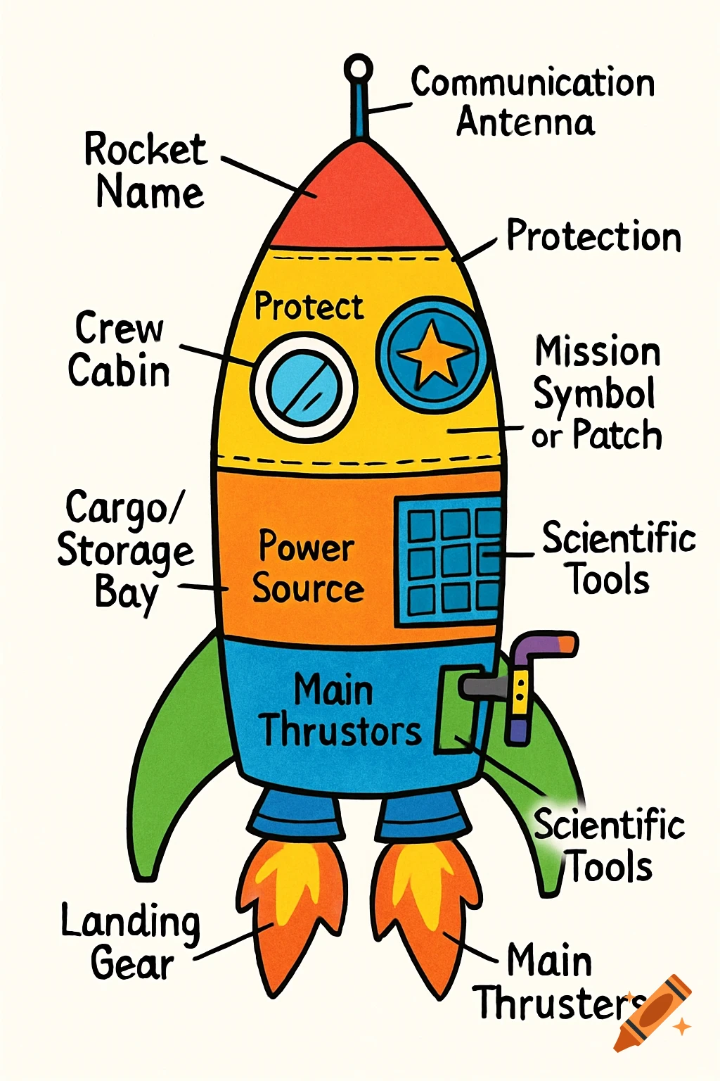 A colorful, kid-friendly cartoon rocket ship diagram with labeled parts like 'Crew Cabin' and 'Main Thrusters', on a white background.