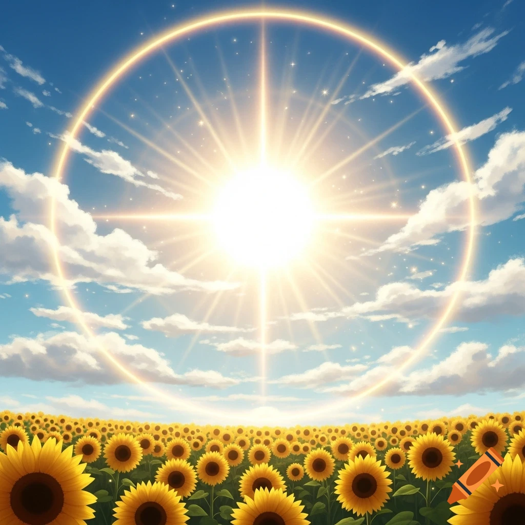 A vibrant field of sunflowers under a bright, radiant sun in a blue sky with scattered clouds.
