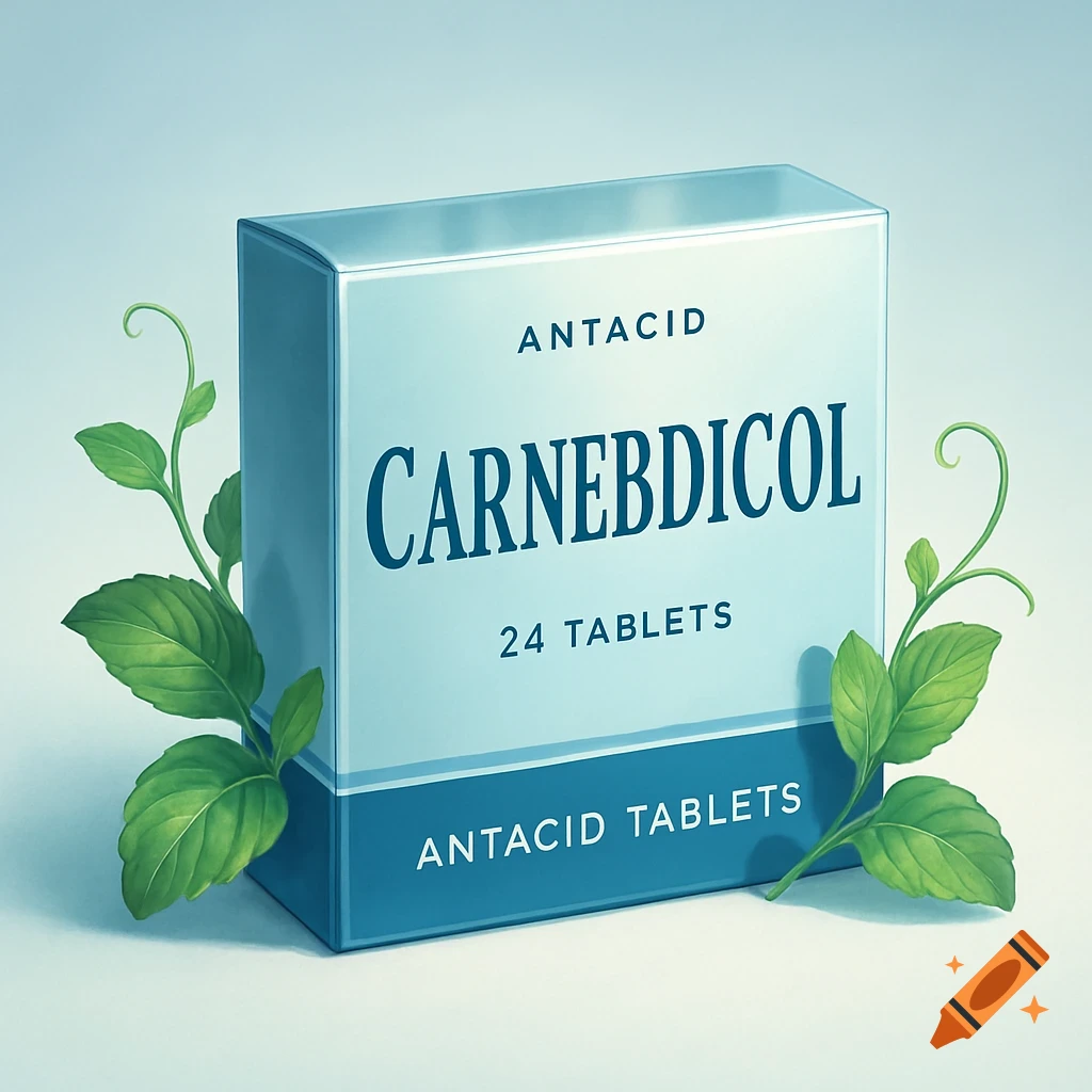 A realistic rendered image of a light blue and dark blue antacid pill box labeled 'CARNEBDICOL' and 'ANTACID TABLETS', with green leaves wrapped around it.