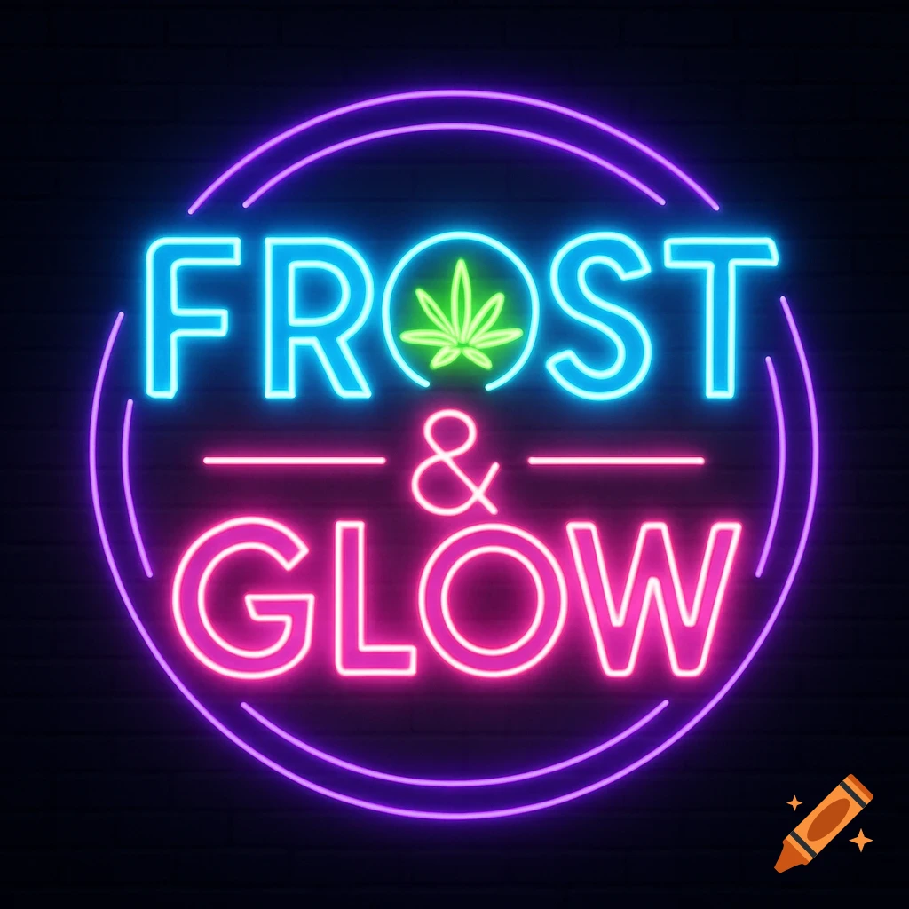 Neon sign logo for 'Frost & Glow' with blue text, a green cannabis leaf, pink text, and purple circles on a dark background.