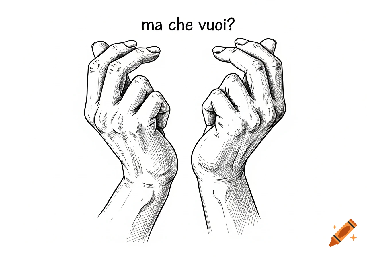 Black and white sketch of two hands performing the 'ma che vuoi?' gesture with the text 'ma che vuoi?'.