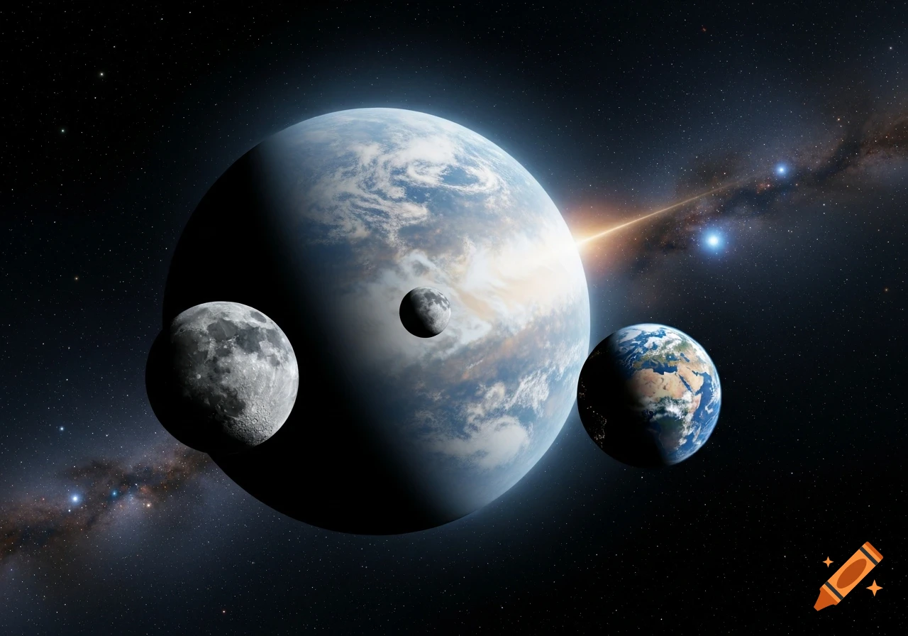 A large exoplanet with two moons and a smaller Earth-like planet in a starry space. A light beam suggests a collision. Photorealistic, sci-fi.