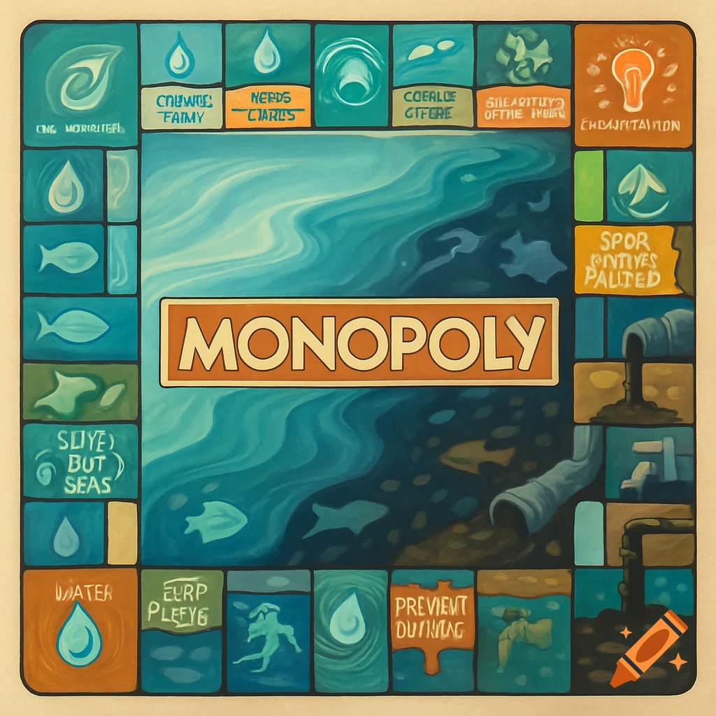 An illustration of a Monopoly-style board game with a water pollution theme. The board is predominantly blue and green, depicting clean water on one side and polluted, dark water with industrial pipes on the other. The center has a prominent orange 'MONOPOLY' label. Various game squares feature icons like water droplets, fish, and pipes, with some containing garbled or incorrect text.