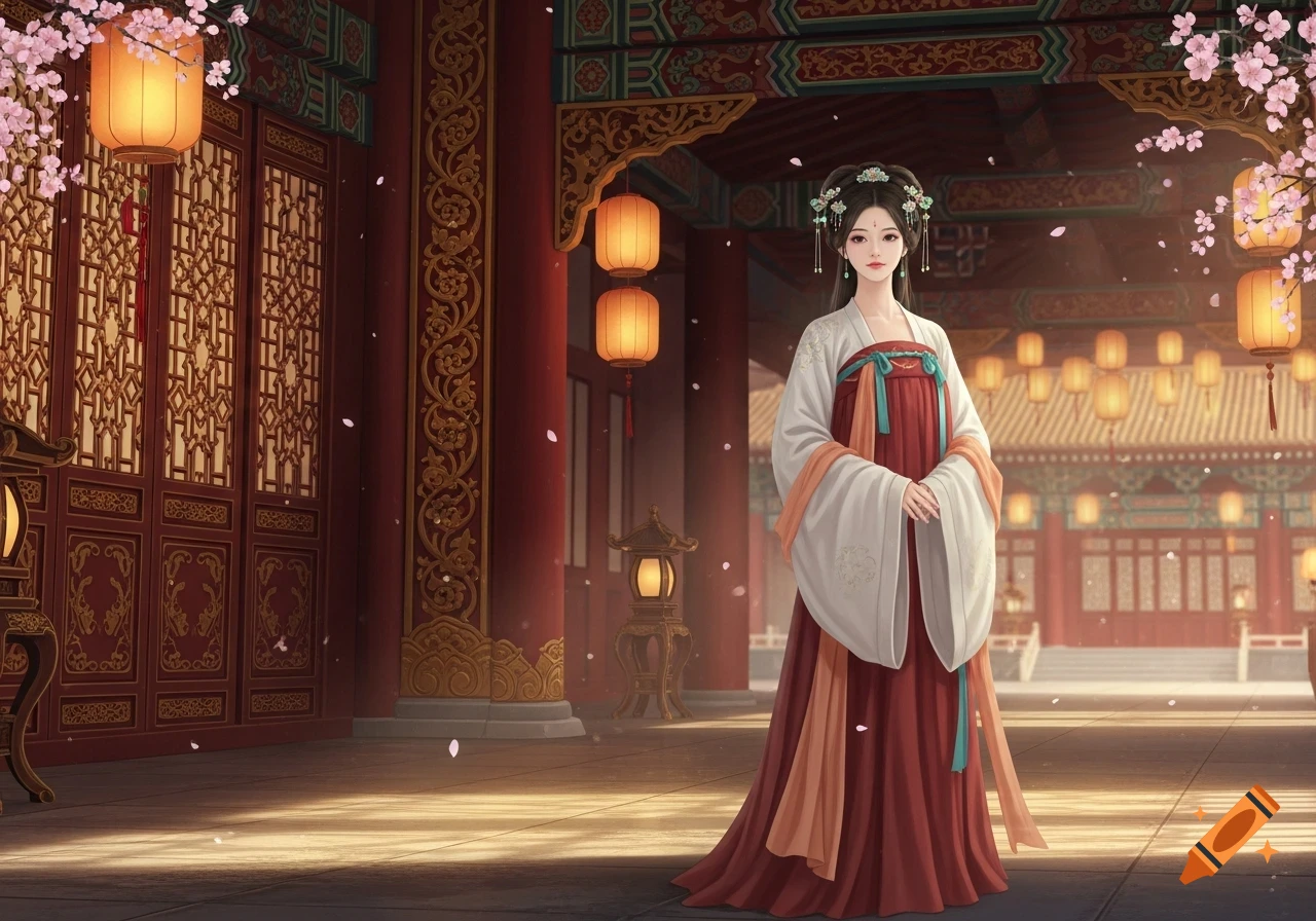 A woman in a red and white traditional Chinese dress stands in a palace courtyard with lanterns and cherry blossoms.