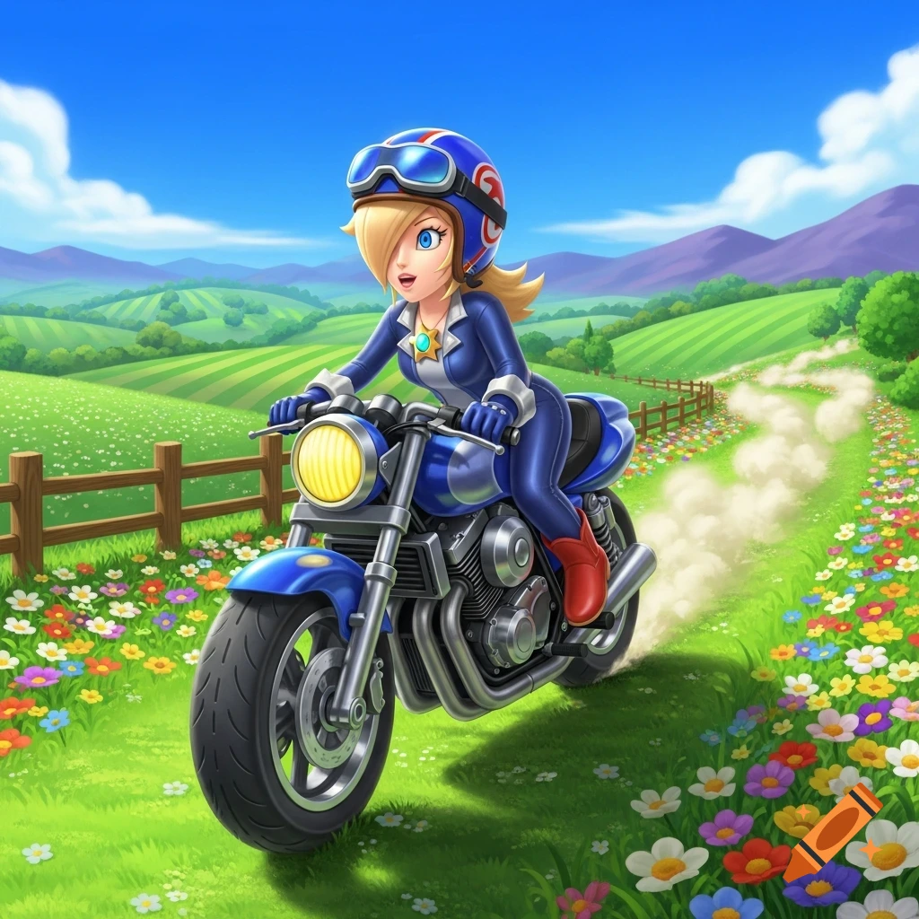 Rosalina from Mario Kart on a blue motorcycle, riding through a flower-filled countryside under a blue sky.