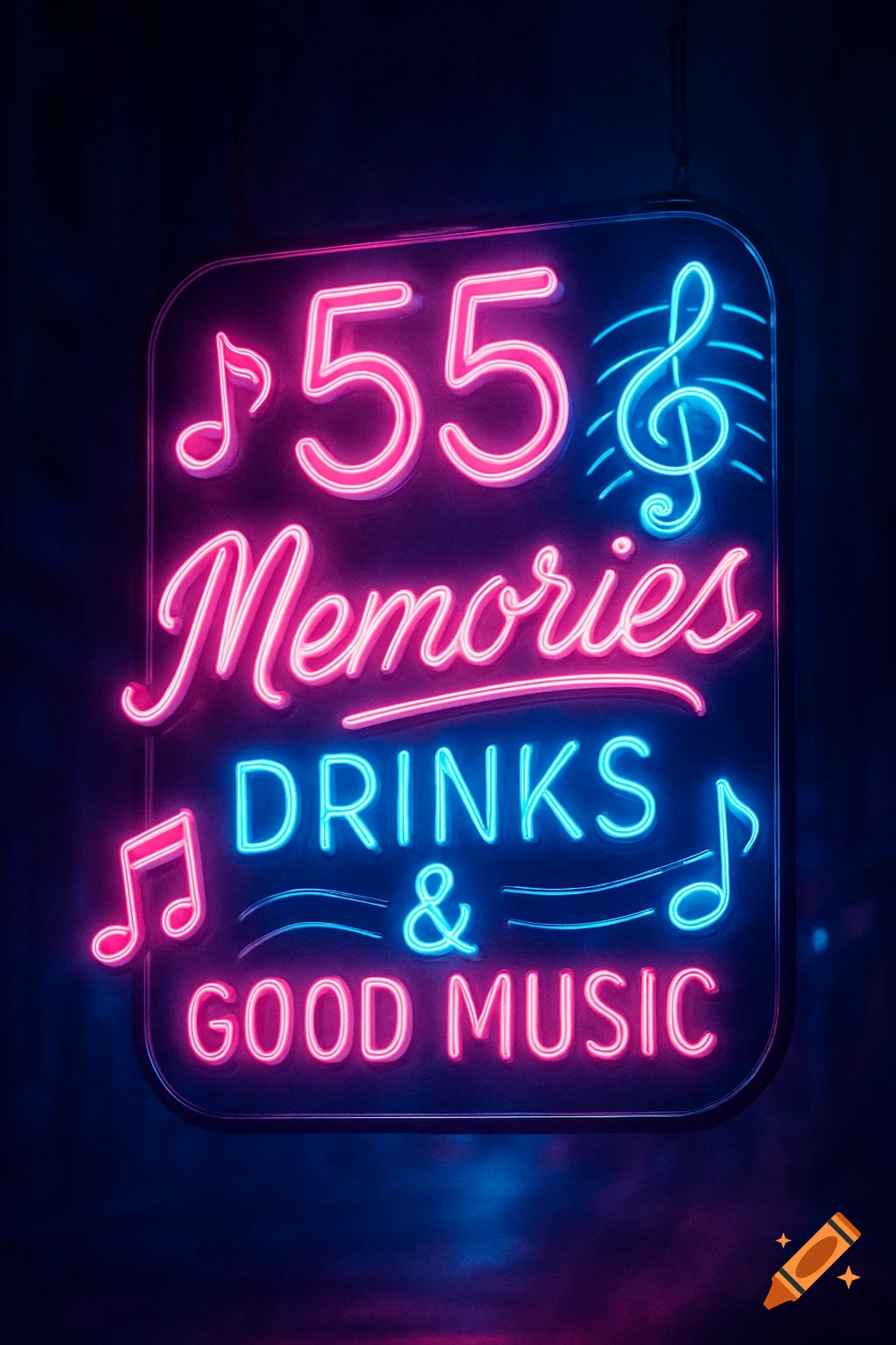 A vibrant pink and blue neon sign reads '55 Memories Drinks & Good Music', featuring musical notes.