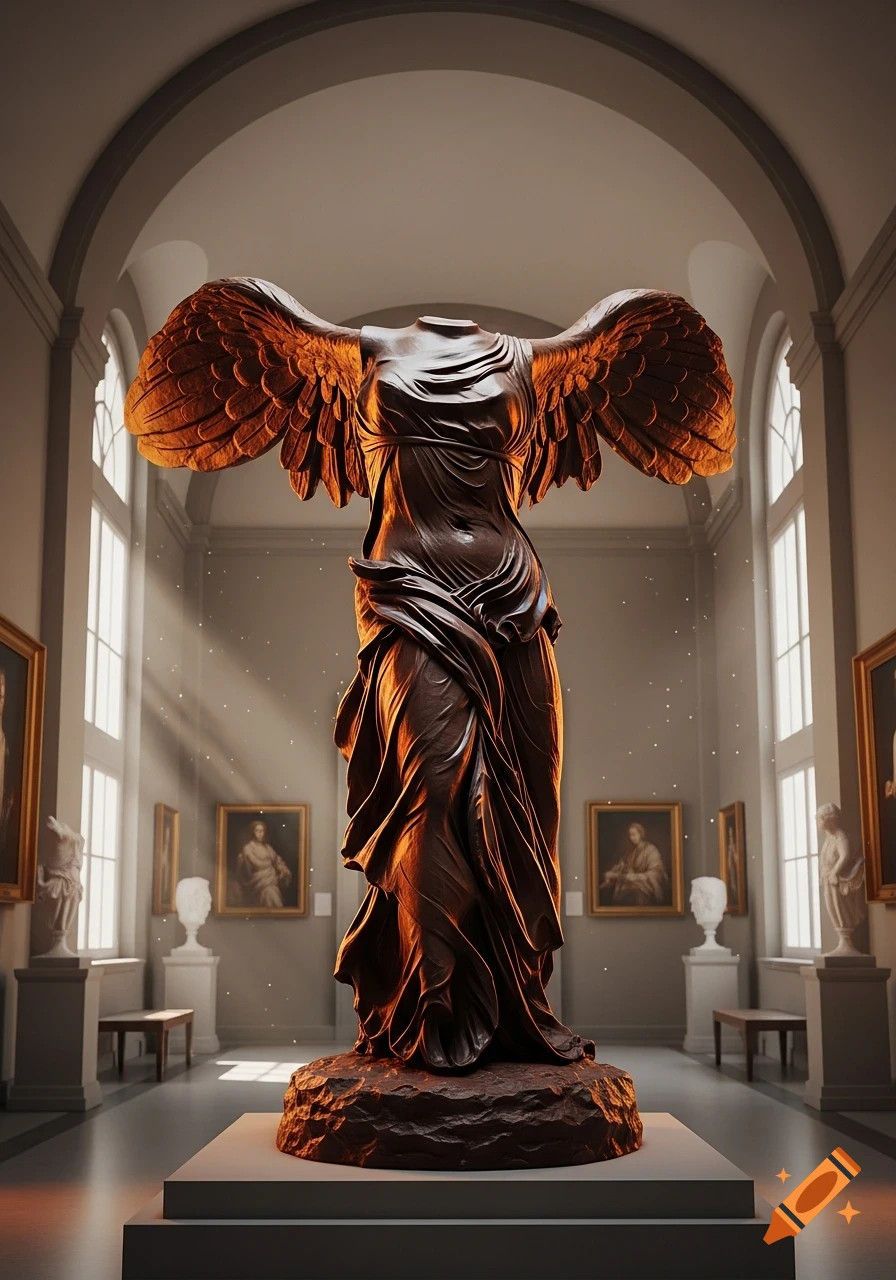 Photorealistic chocolate Winged Victory of Samothrace statue in a sunlit museum.