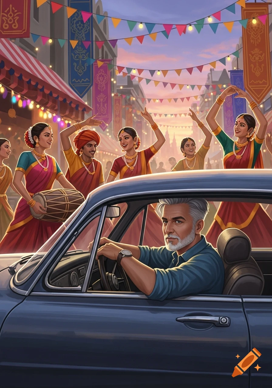 Gray-haired man in car on festive street with people in Indian attire dancing, colorful banners, and lights under sunset sky.