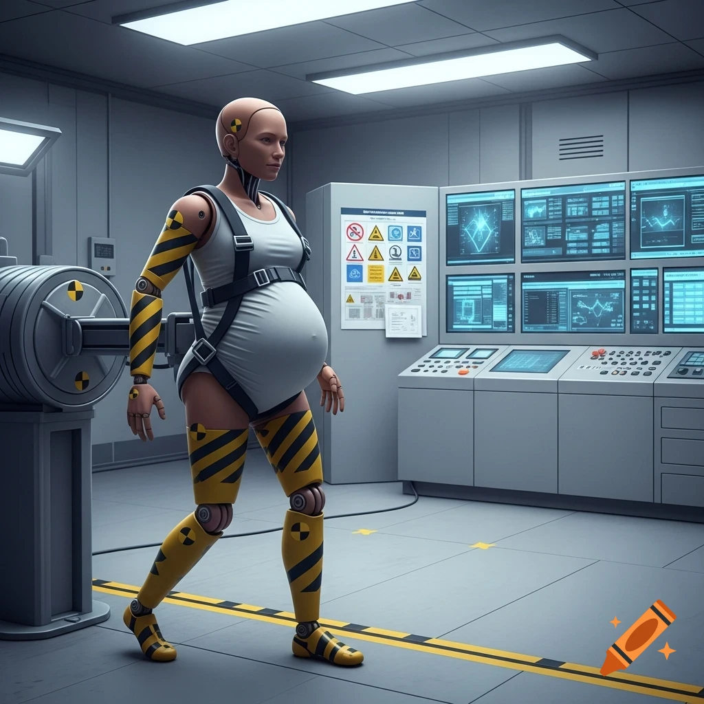 A pregnant crash test dummy with yellow and black striped limbs walks through a laboratory with monitors and equipment.
