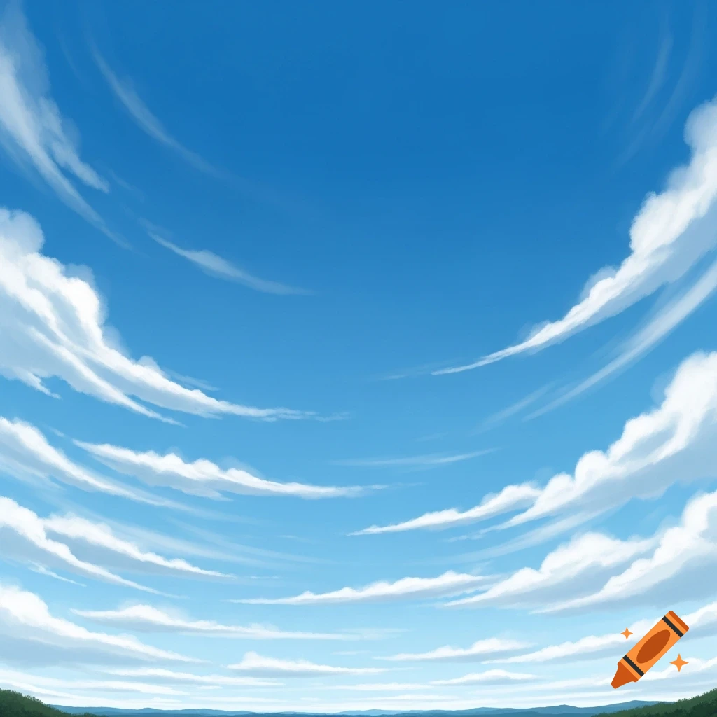 A bright blue sky filled with long, wispy white clouds, with a distant green horizon.