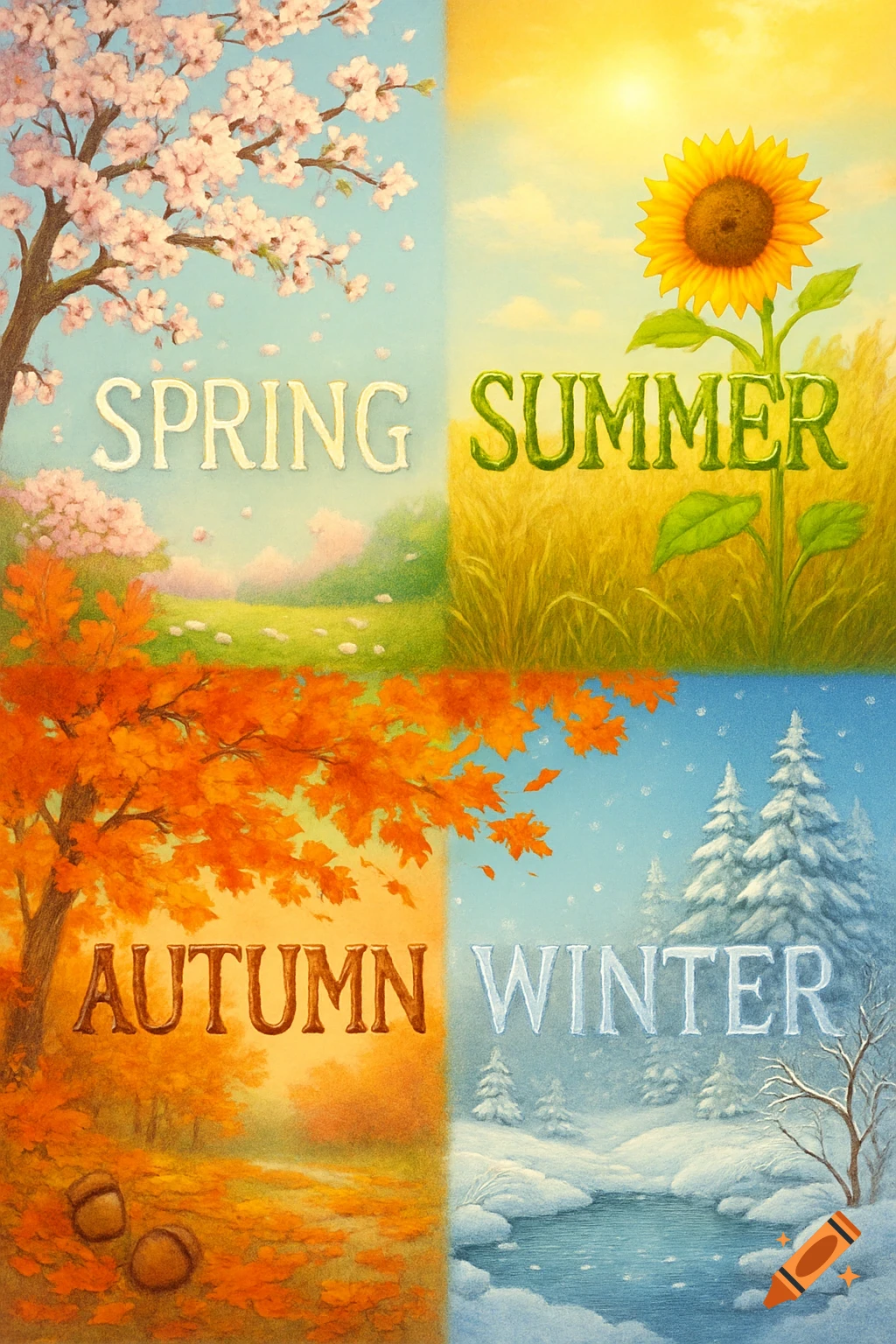 Illustration of the four seasons: spring with cherry blossoms, summer with a sunflower, autumn with orange leaves, and winter with snow. Each panel is labeled.