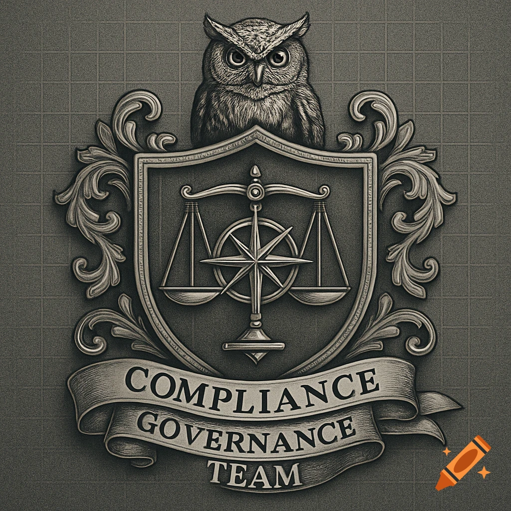 Detailed gray crest with an owl, scales, compass rose, and 'COMPLIANCE GOVERNANCE TEAM' banner.