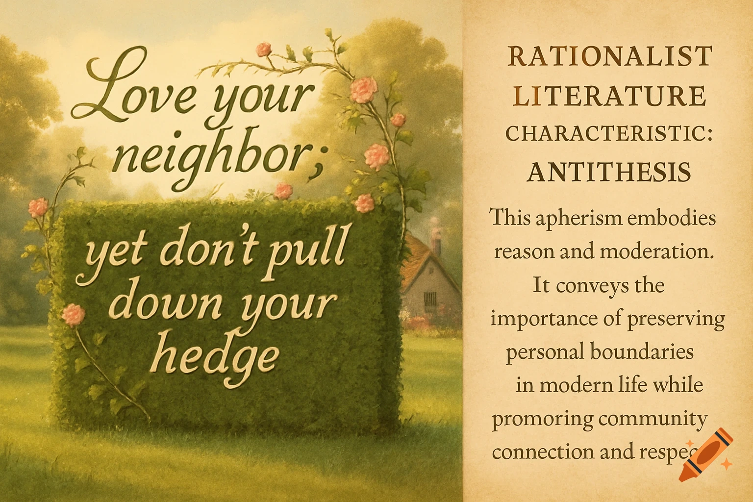 An illustration of a hedge with the aphorism 'Love your neighbor; yet don pull down your hedge,' and a scroll explaining literary characteristics, set in a garden with a cottage.