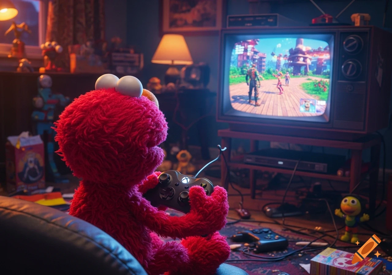 A fuzzy red Elmo doll plays a video game with an Xbox controller on an old TV in a messy 90s-style room.