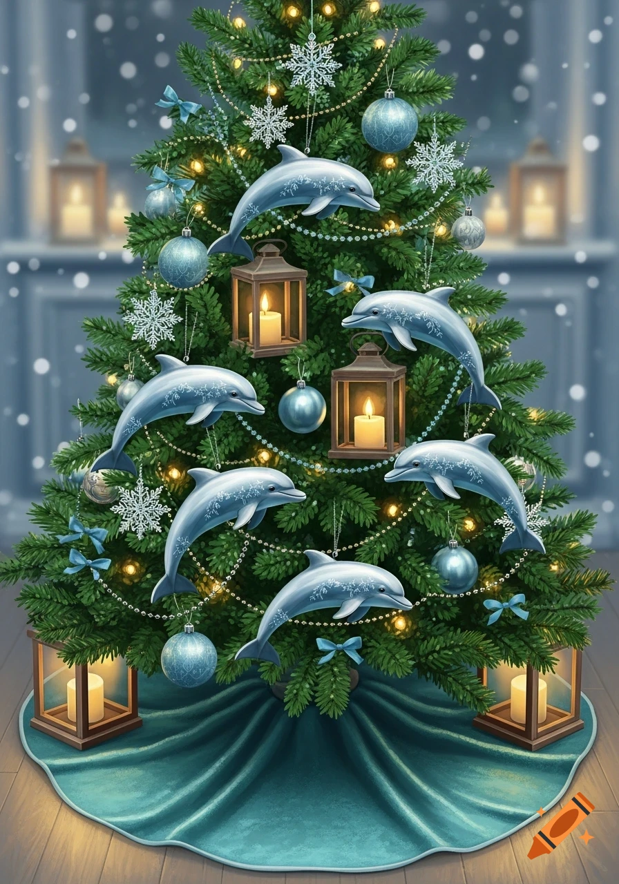 Illustrated Christmas tree adorned with dolphin ornaments, blue baubles, snowflakes, and lit lanterns. A teal tree skirt sits below, with a soft snowy background.