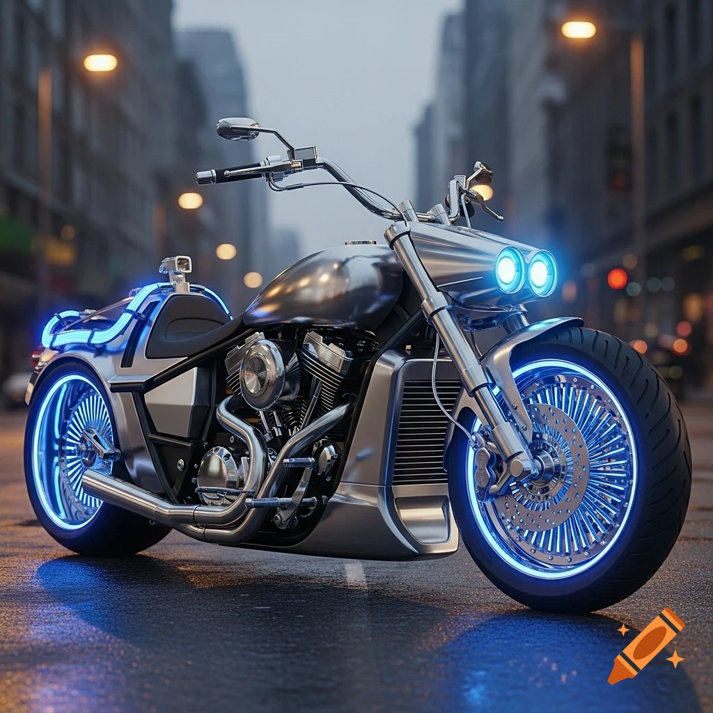 A custom silver motorbike with glowing blue lights on the wheels and rear, parked on a wet city street at dusk.