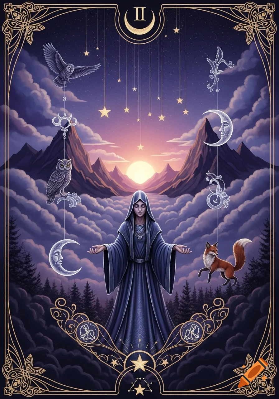 Mystical art of a hooded figure in robes with outstretched hands, surrounded by an owl, fox, moons, stars, and mountains, in a decorative border.