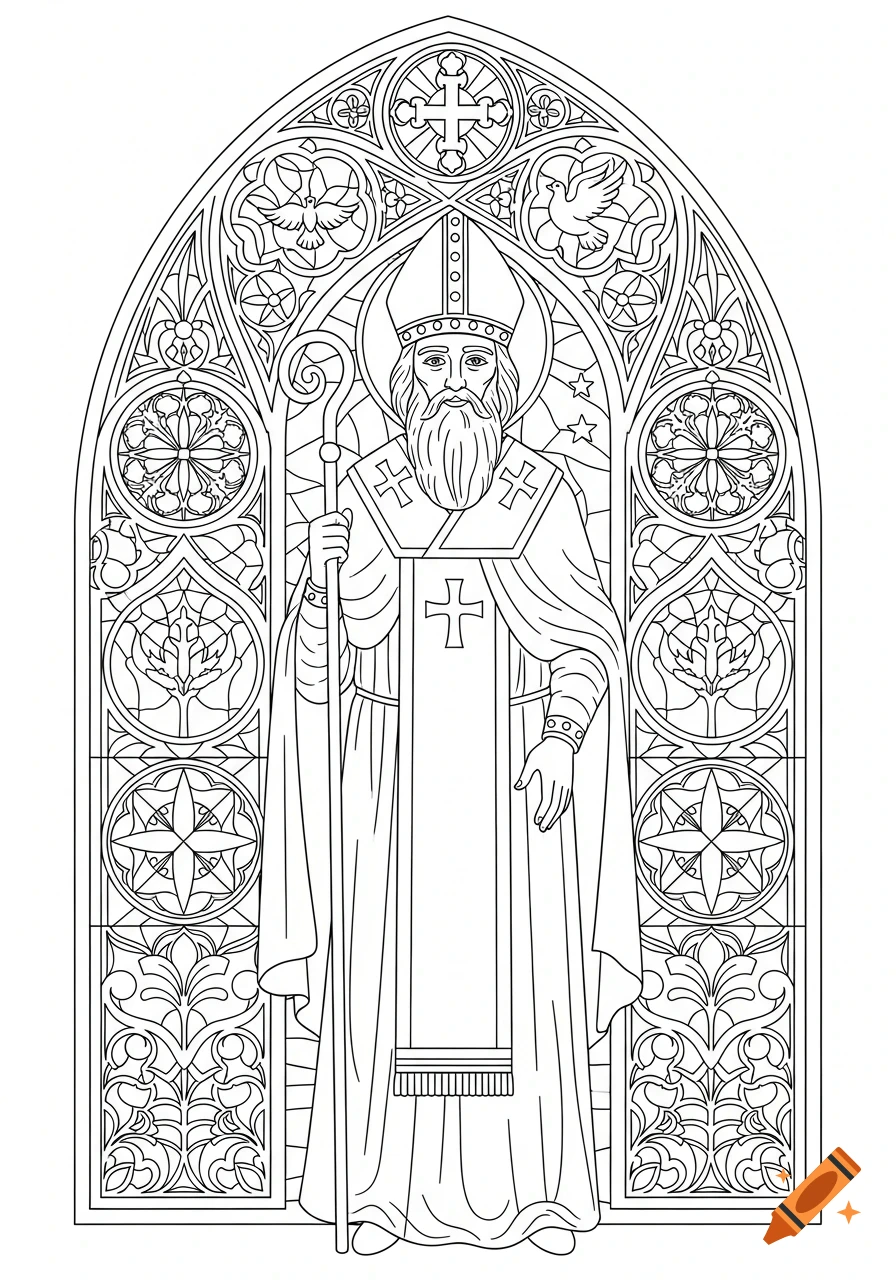 A black and white coloring page of Saint Nicholas in miter and robes, holding a crozier, framed by an ornate arched stained glass window.