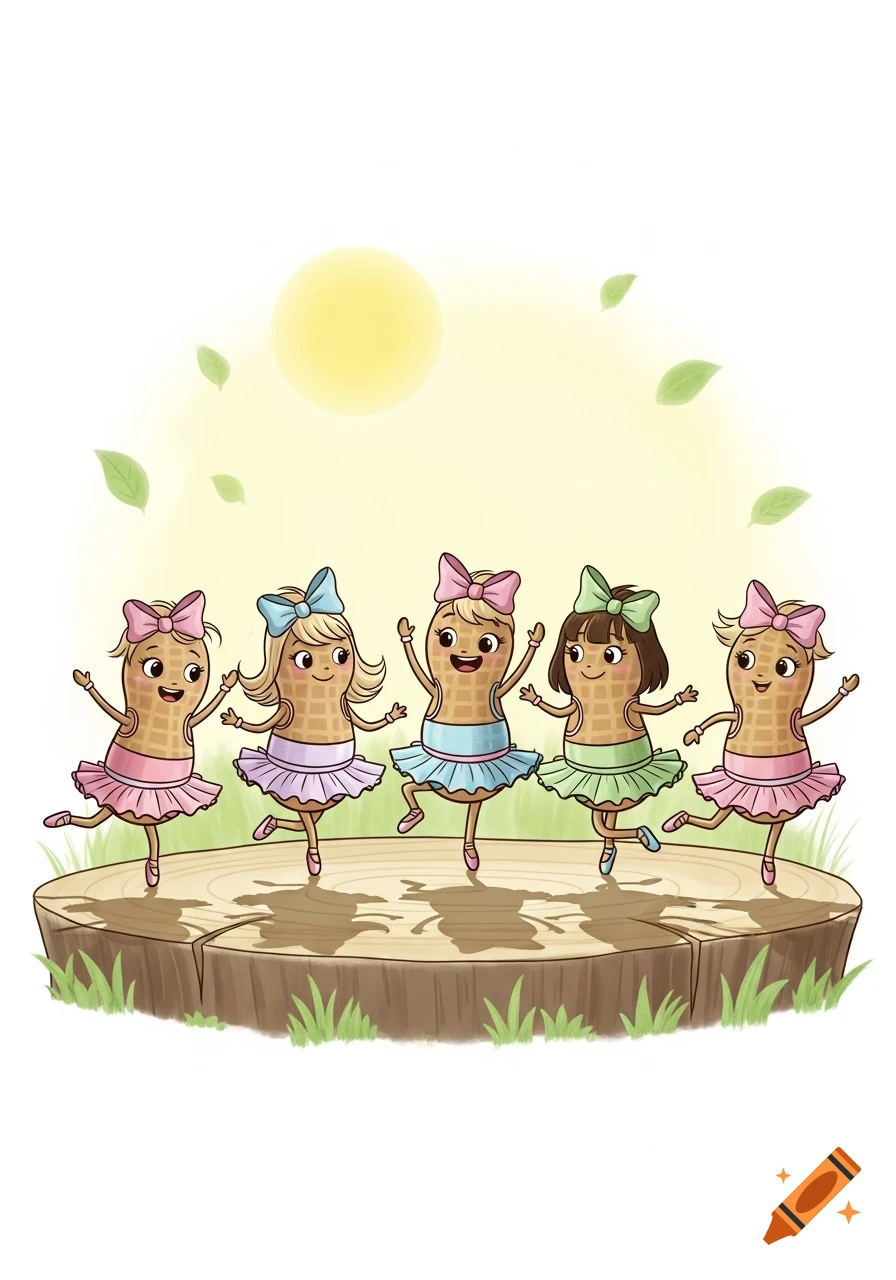 Five cute cartoon female peanuts wearing tutus and bows dance on a tree stump under a sunny sky with floating leaves.