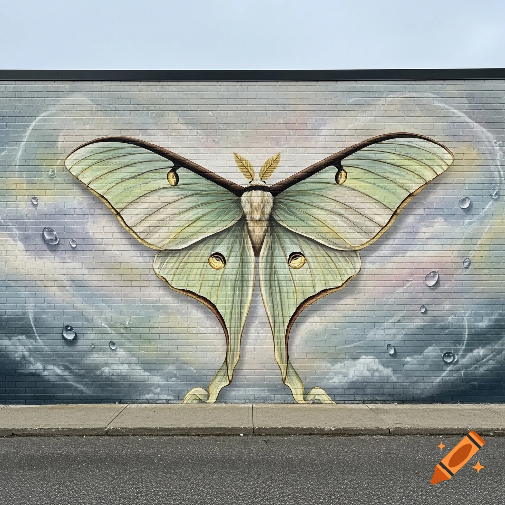 A large, pale green Luna moth mural painted on a brick wall with subtle clouds and water drops, above a sidewalk and road.