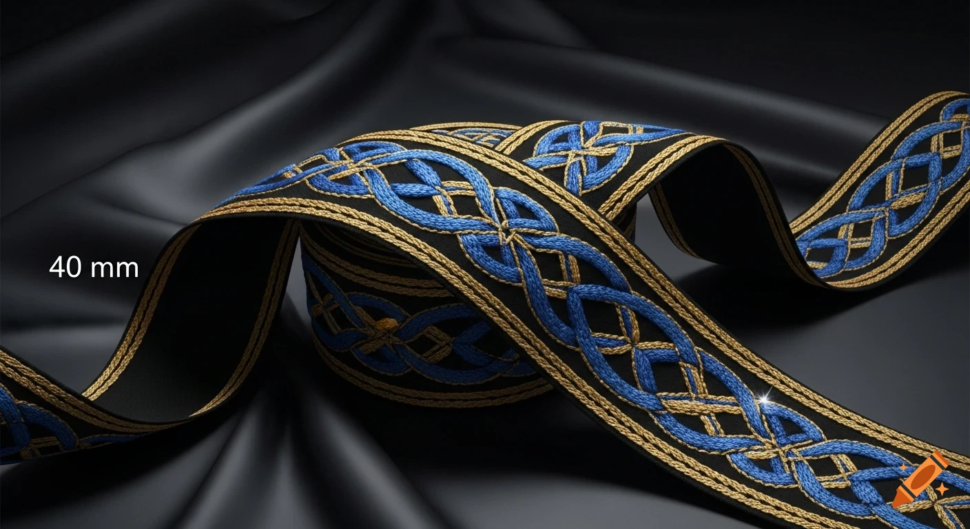 A black ribbon, 40 mm wide, with a blue and gold Celtic-inspired embroidered border, draped on a dark background.