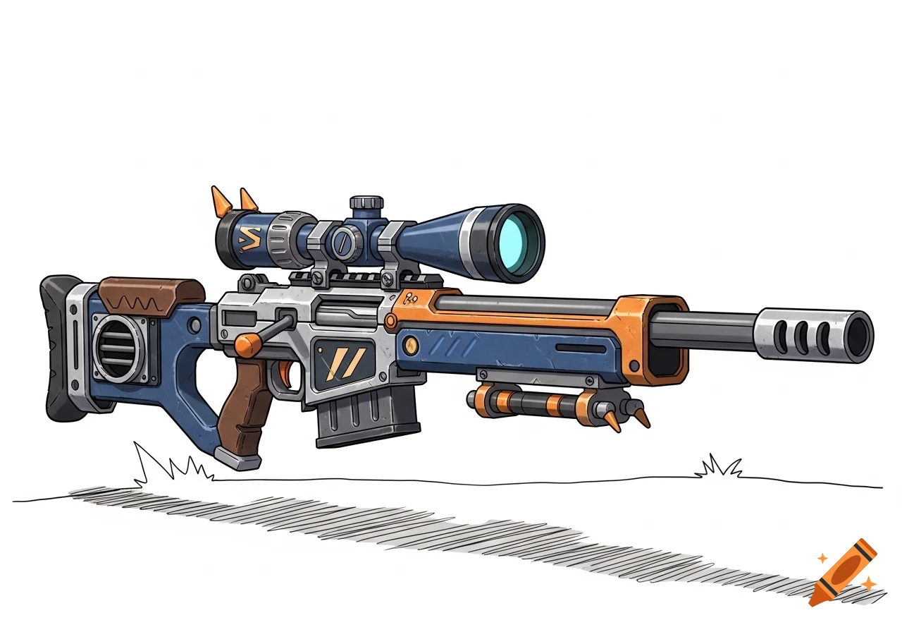 A stylized sci-fi sniper rifle in blue, orange, and grey, featuring a large scope, against a white background.