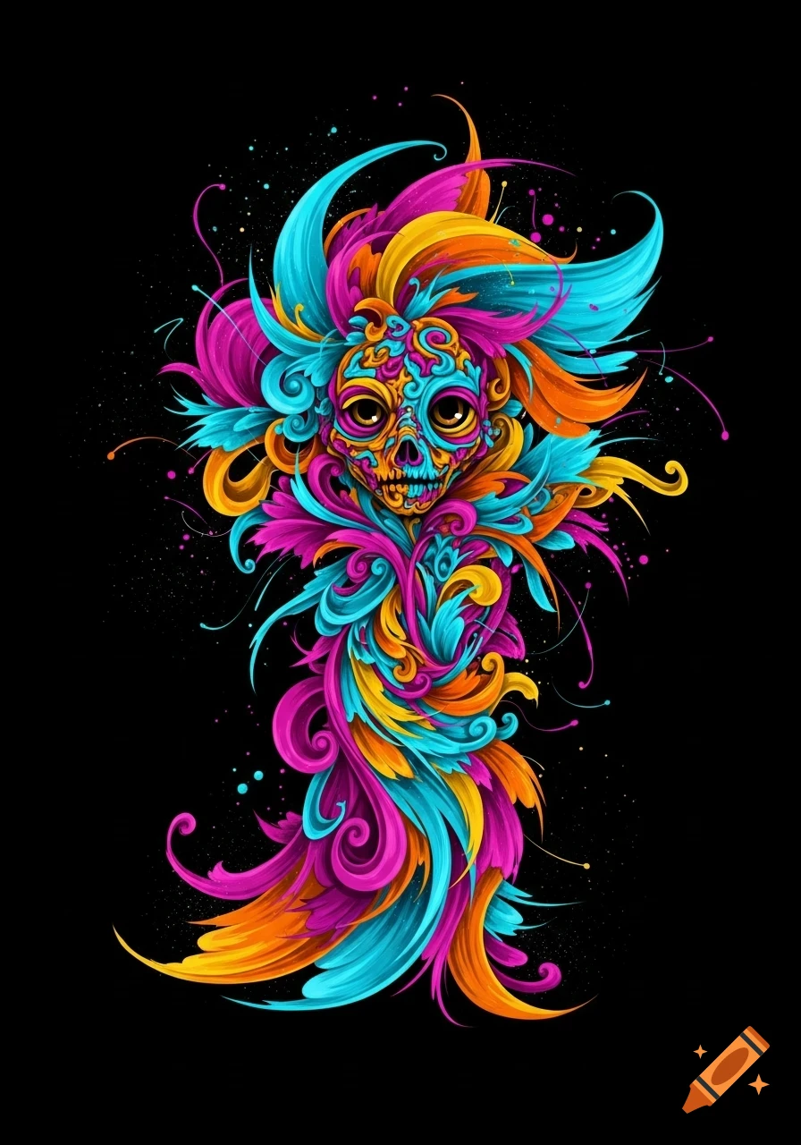 Vibrant, abstract illustration of a skull-like face composed of flowing pink, orange, yellow, and blue shapes on a black background.