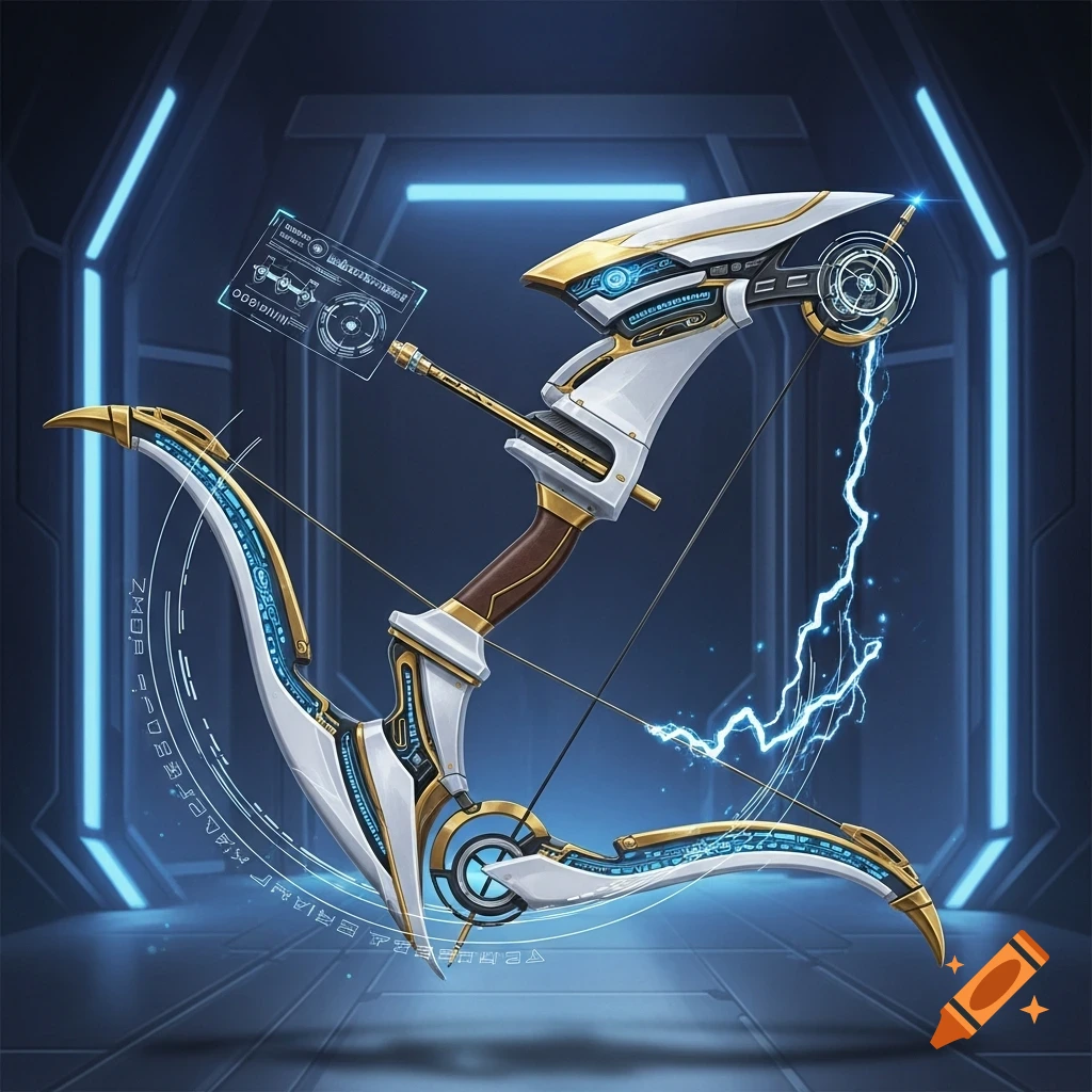 A white and gold high-tech bow with glowing blue accents and electricity, in a futuristic chamber.