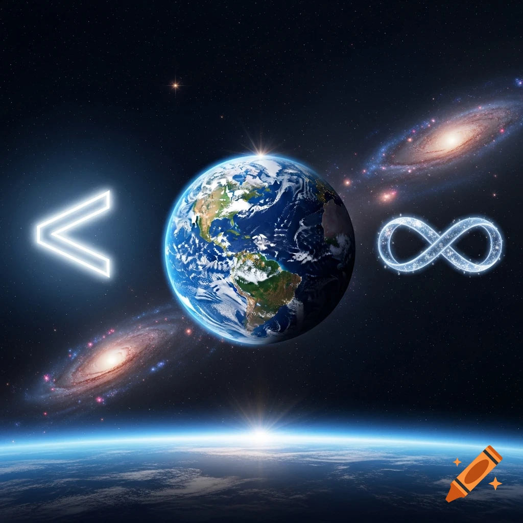 Earth in space next to a glowing white less-than symbol and a sparkling infinity symbol, with galaxies and stars in the background.