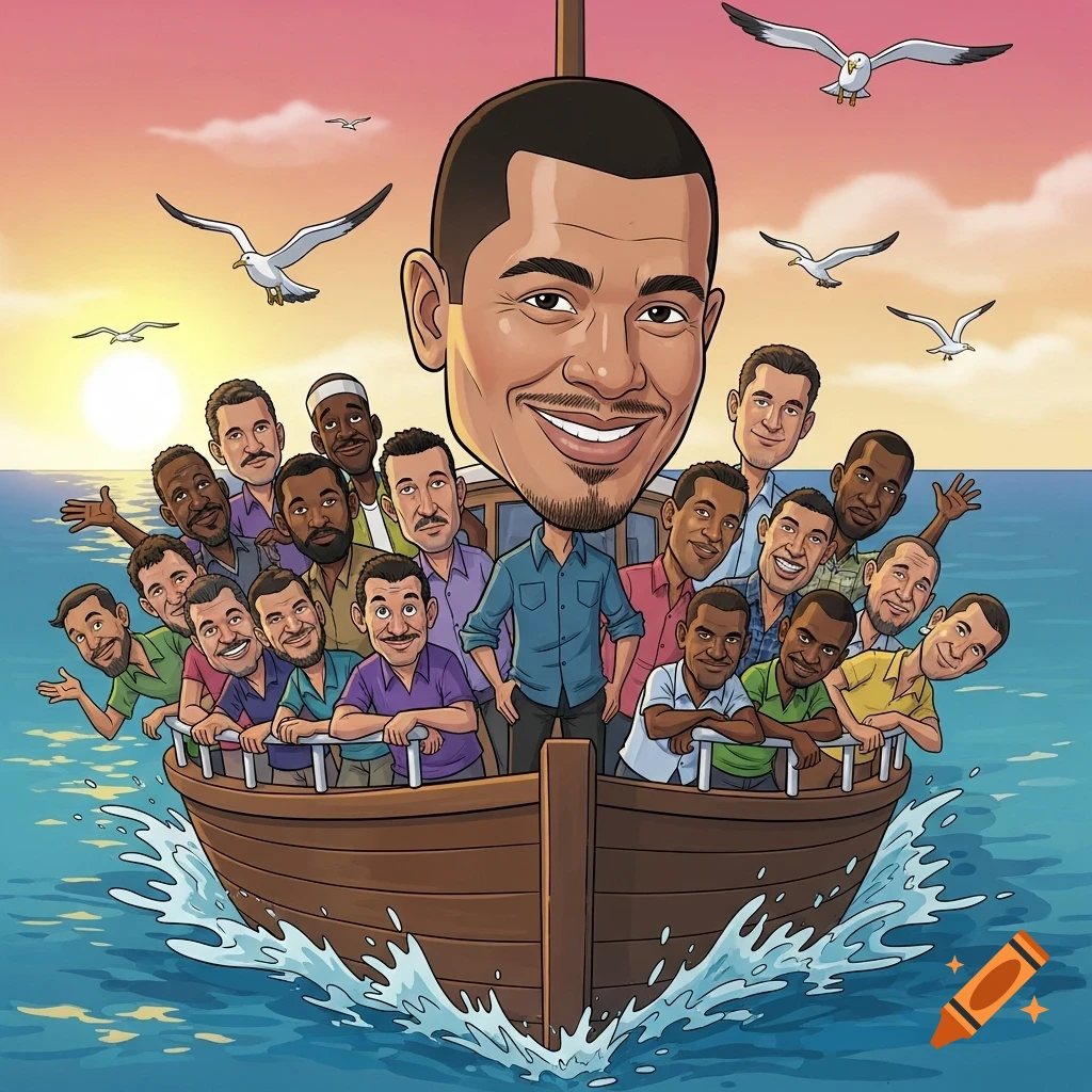 Caricature of many men in a wooden boat at sea during sunset, one man prominently features a disproportionately large head.