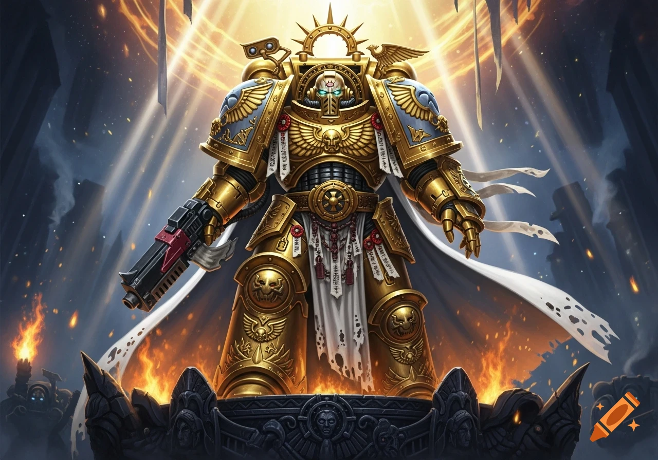 An imposing warrior in ornate golden and blue power armor, with glowing eyes and a large gun, stands amidst fiery braziers and golden light.