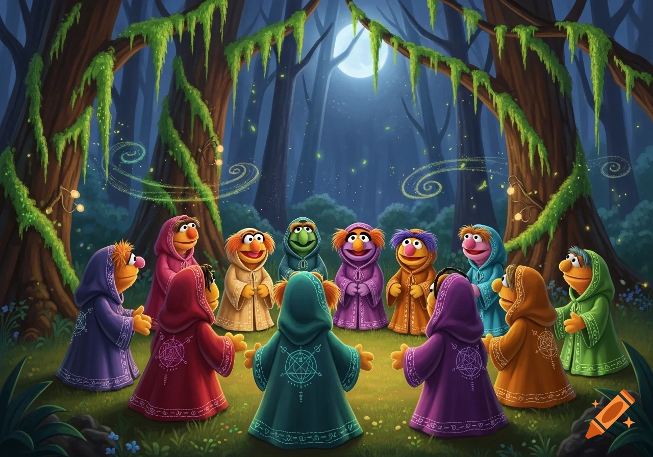 Colorful Muppets in hooded robes gather in a moonlit magical forest, forming a circle.
